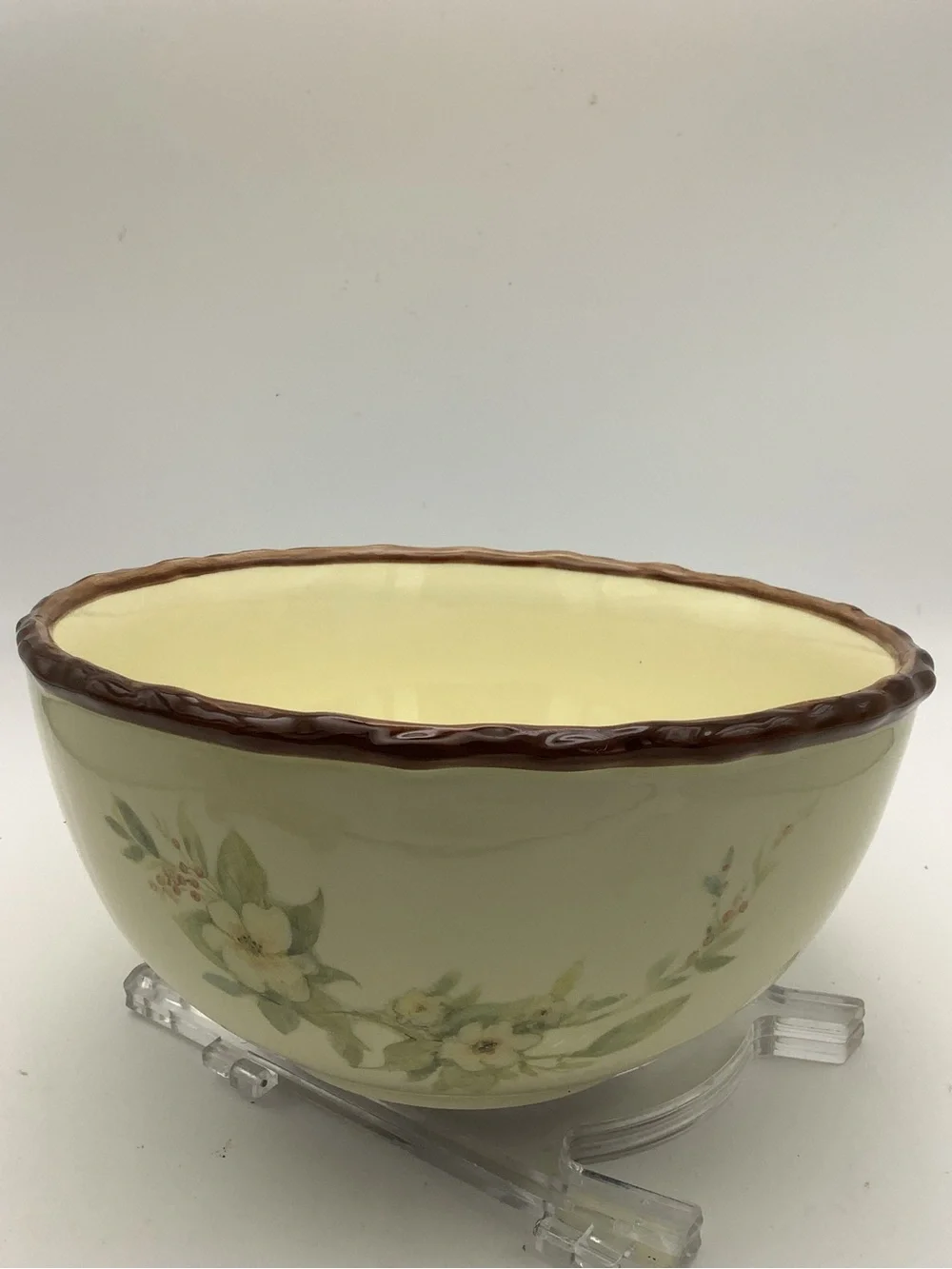 Cream Stoneware Bowl with Brown Twig Rim and Bird Floral Accents